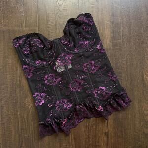 Vintage 80s 90s Purple Lace Boned Floral Satin Corset Bustier Top Boho Festival